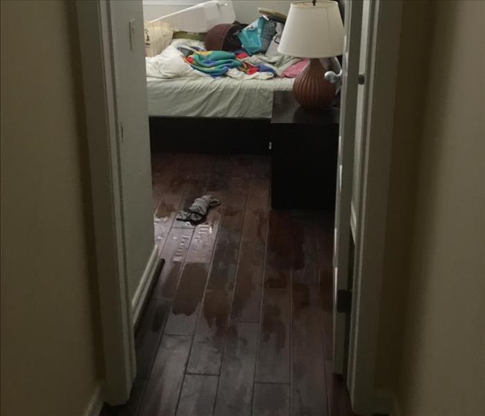 master bedroom pictured from doorway with moisture on hardwood floor 